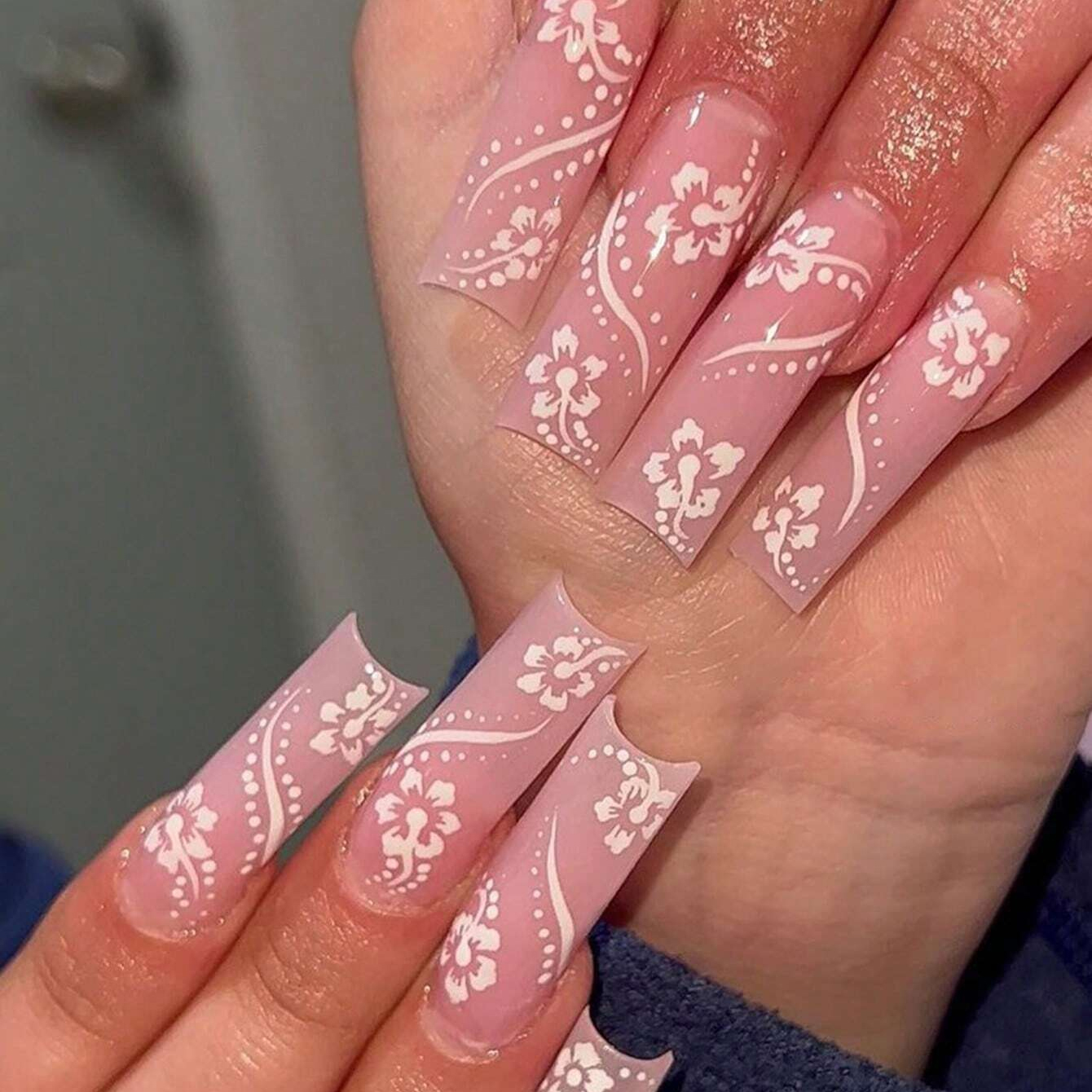 New 24pcs long pink Ballerina nails，sakura patternnails Detachable And Reusable Jelly Glue 1pc Cuticle Pusher
