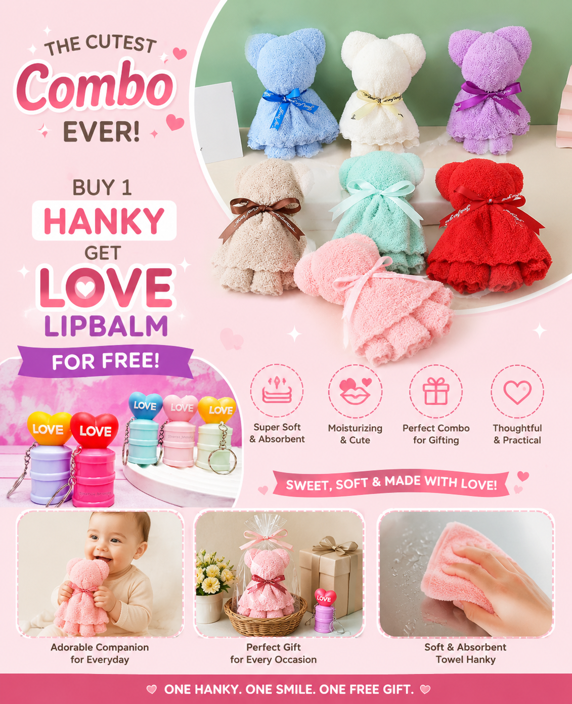 1 Piece Premium Cute Bear Coral Fleece Hand Towel with Gift Handbag - Ultra Soft & Absorbent Mini Square Handkerchief Towel for Babies, Weddings, Holidays & Return Gifts | 30×30cm
