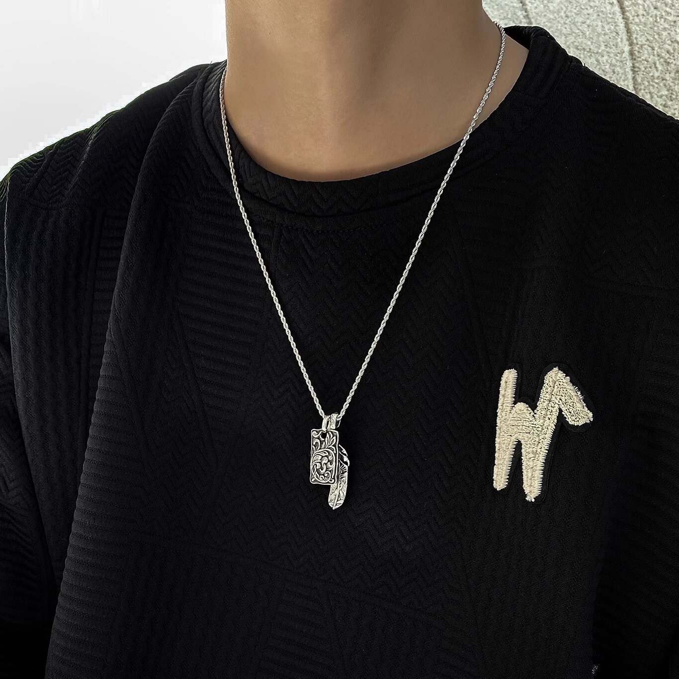【Prices are Now don't beslow】Xinqi Jewelry Vintage Eagle Plume Tang Grass Necklace Trendy Men's Personal Trendy Style Old Thai Silver Square Feather Pendant