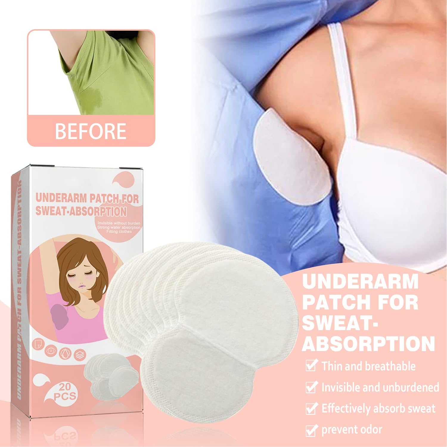 20pcs Invisible Underarm Sweat Pad, 20 Invisible Underarm Pads, Comfortable and Durable, Effective for Women and Men