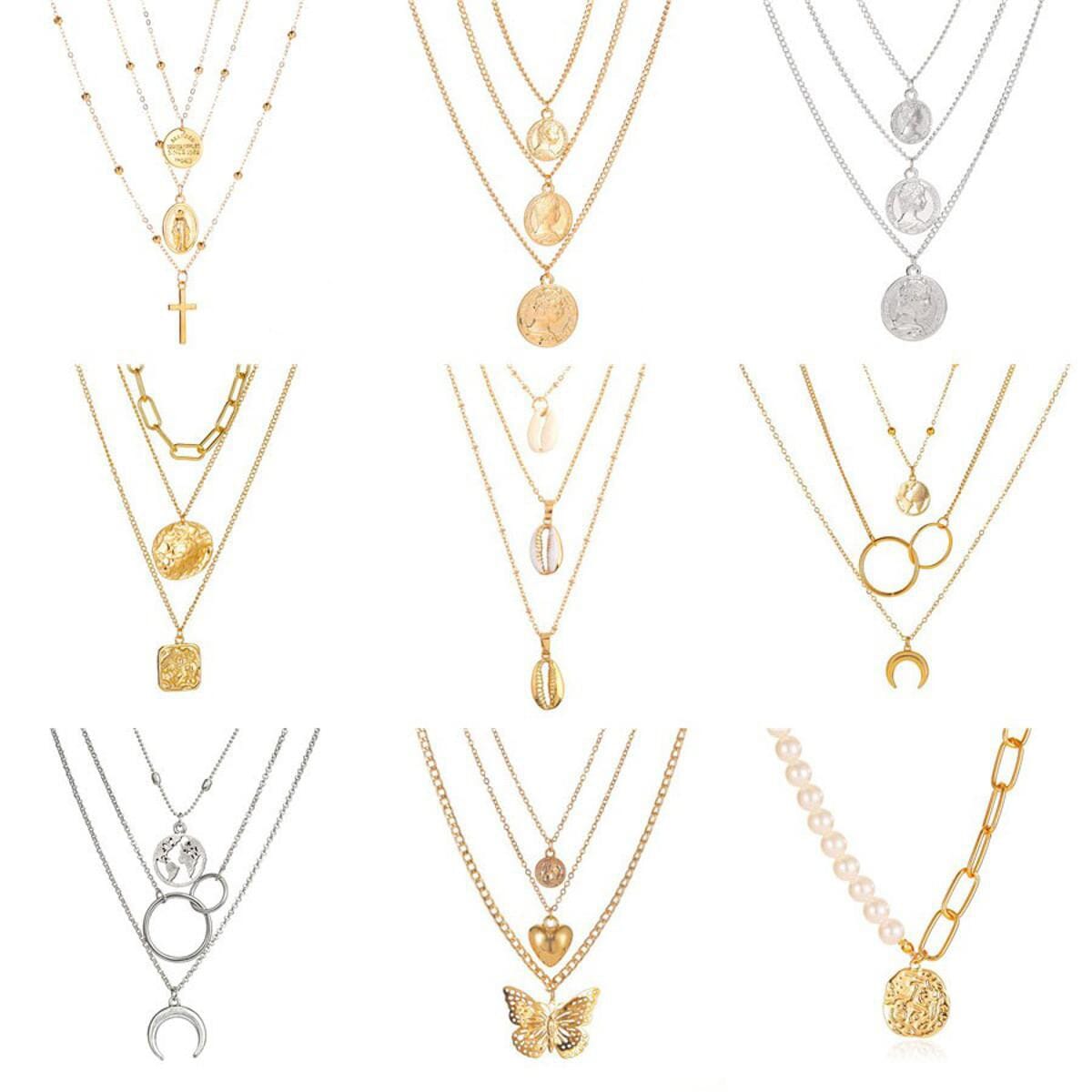 Enacolor Elegant Female Key Lock Map Multi-layer Pendant Necklace Golden Metal Choker Jewelry Accessories