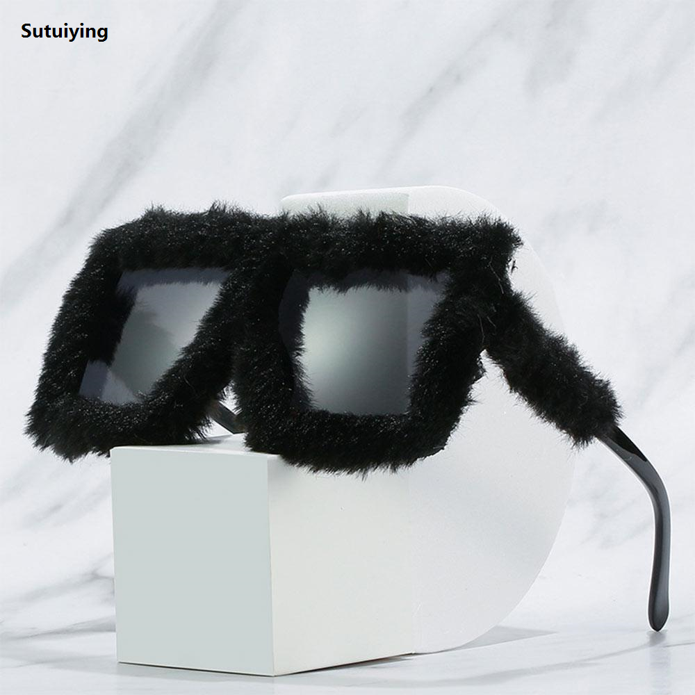 Sutuiying Trendy Oversized Plush Sunglasses Winter Shades for Women Soft Fifty percent discount Fluffy Square Frame Sun Glasses Novelty Party Cosplay Glasses