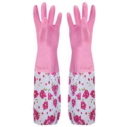 Dishwashing Gloves with Inner Fur - Waterproof, Non-Slip, Long Multicolor Rubber Gloves for Warmth & Comfort