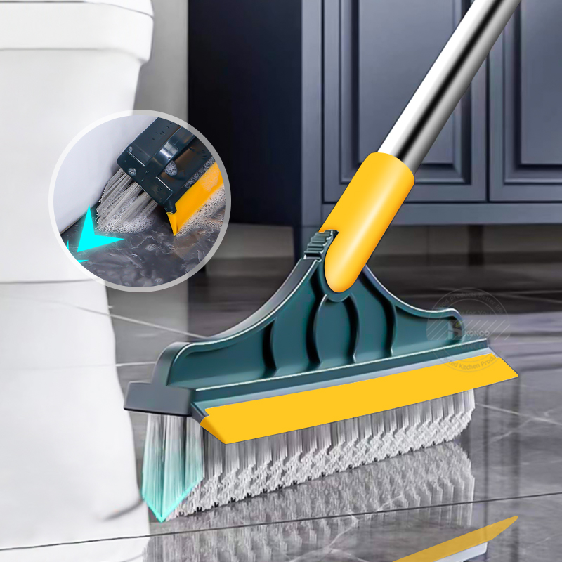 2-in-1 Bathroom Cleaning Brush with Floor Scrubber & Wiper 120° Rotating Head Long Handle