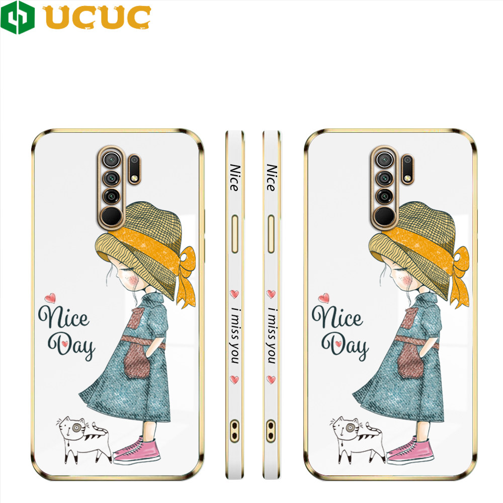 UCUC for Redmi 9 / Xiaomi Poco M2 Back Cover + Free Lanyard Nice Girl Luxury 6D Plating Soft Silicone Phone Case