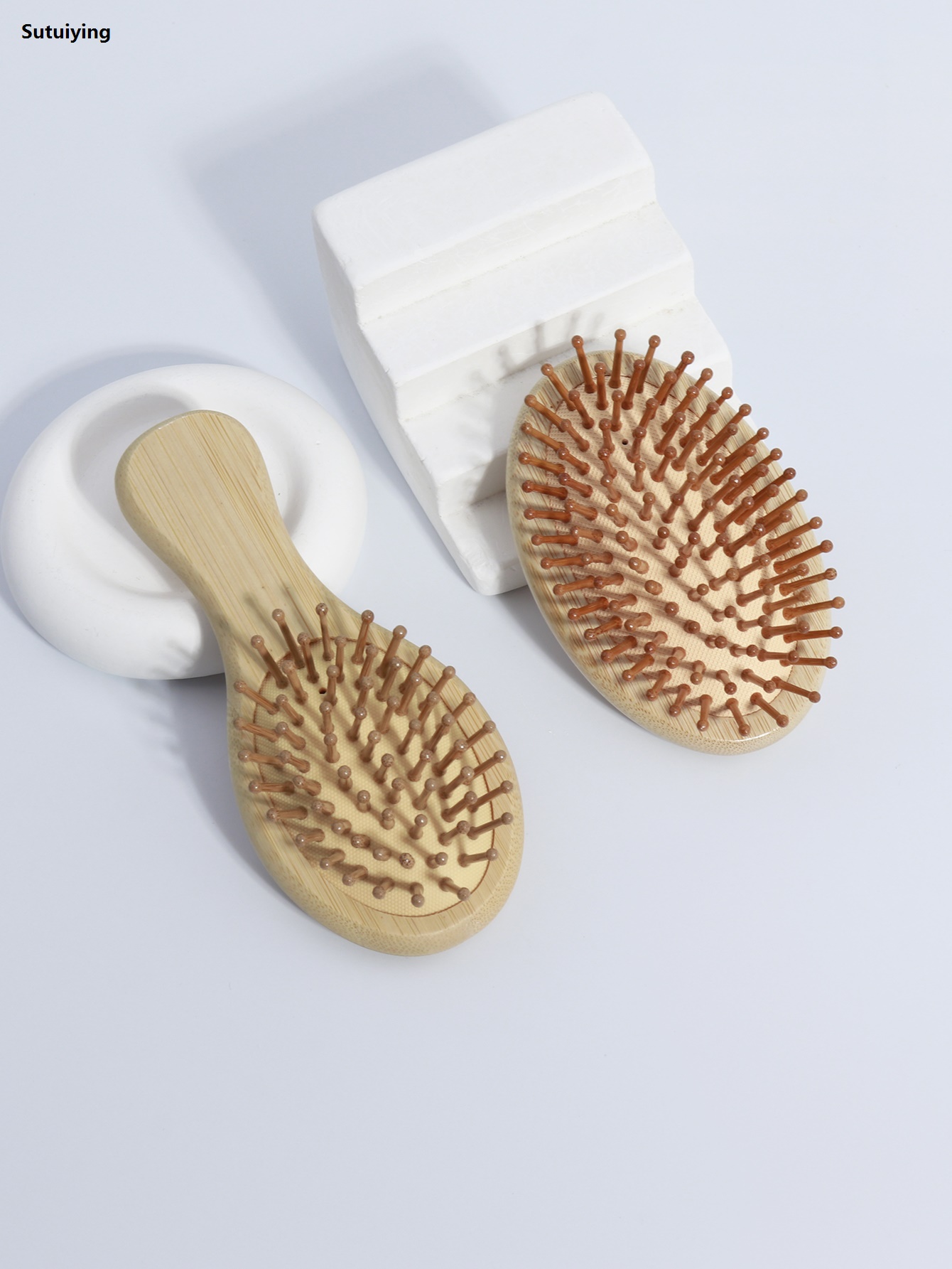 Sutuiying 2pcs portable bamboo and wood brush massage comb anti-static Luxury scalp comb safety airbag hair styling comb