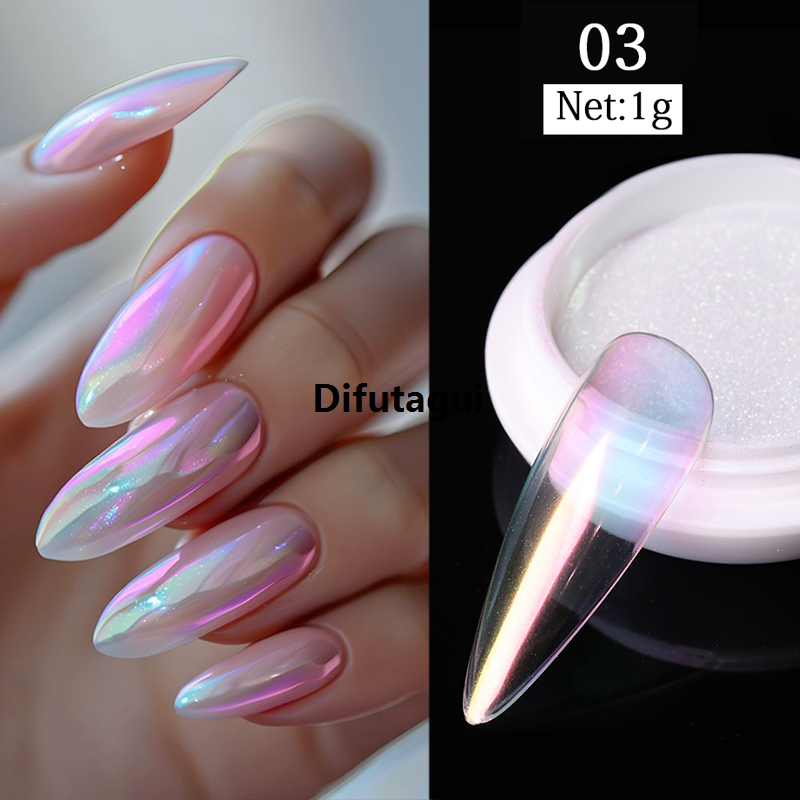 Difutagui 1 Box Pearl Aurora Nail Powder Purple Pink Blue Chrome Glitter Original Pigment Dust UV Gel Polish Nail Art Dipping Powder Manicure