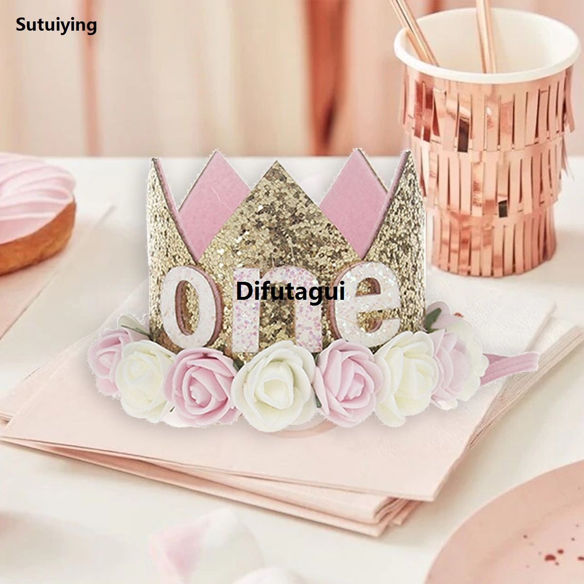 Difutagui Kids Birthday Decoration 1 2 3 Years Crown Hat Pink White Flower High Hot Selling Quality Sequins Crown 1st birthday Photo Prop Happy Birthday Gifts