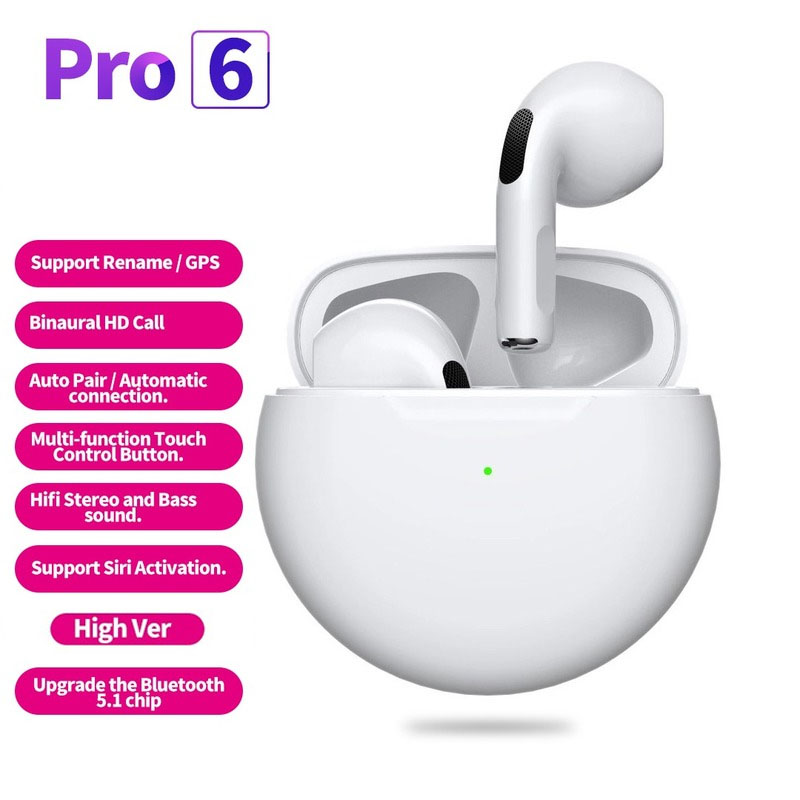 Pro6 TWS Wireless Earbuds Bluetooth Earphone Touch Control with Mic Waterproof TWS Stereo Headphone Headset Sport