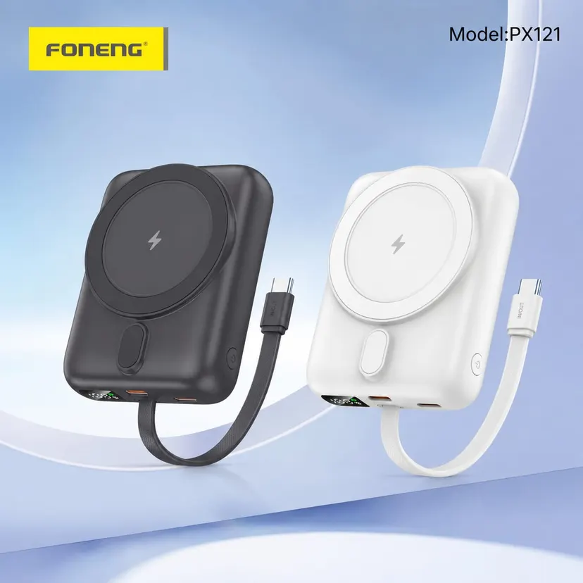 Foneng 10000mAh Magnetic Wireless Power Bank | 22.5W Fast Charging | PD ,SCP & PPS | LCD Display | Type C Built-in Cable | 15W Wireless Charger | PX121