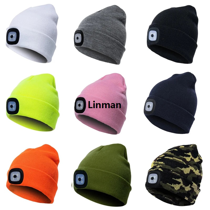 Linman LED Lighted Beanie Cap Unisex Led Light Knitted Hat Winter Warm 2025 New Hats Night Sports Hiking Running Camping Glow Cap with Head Lamp