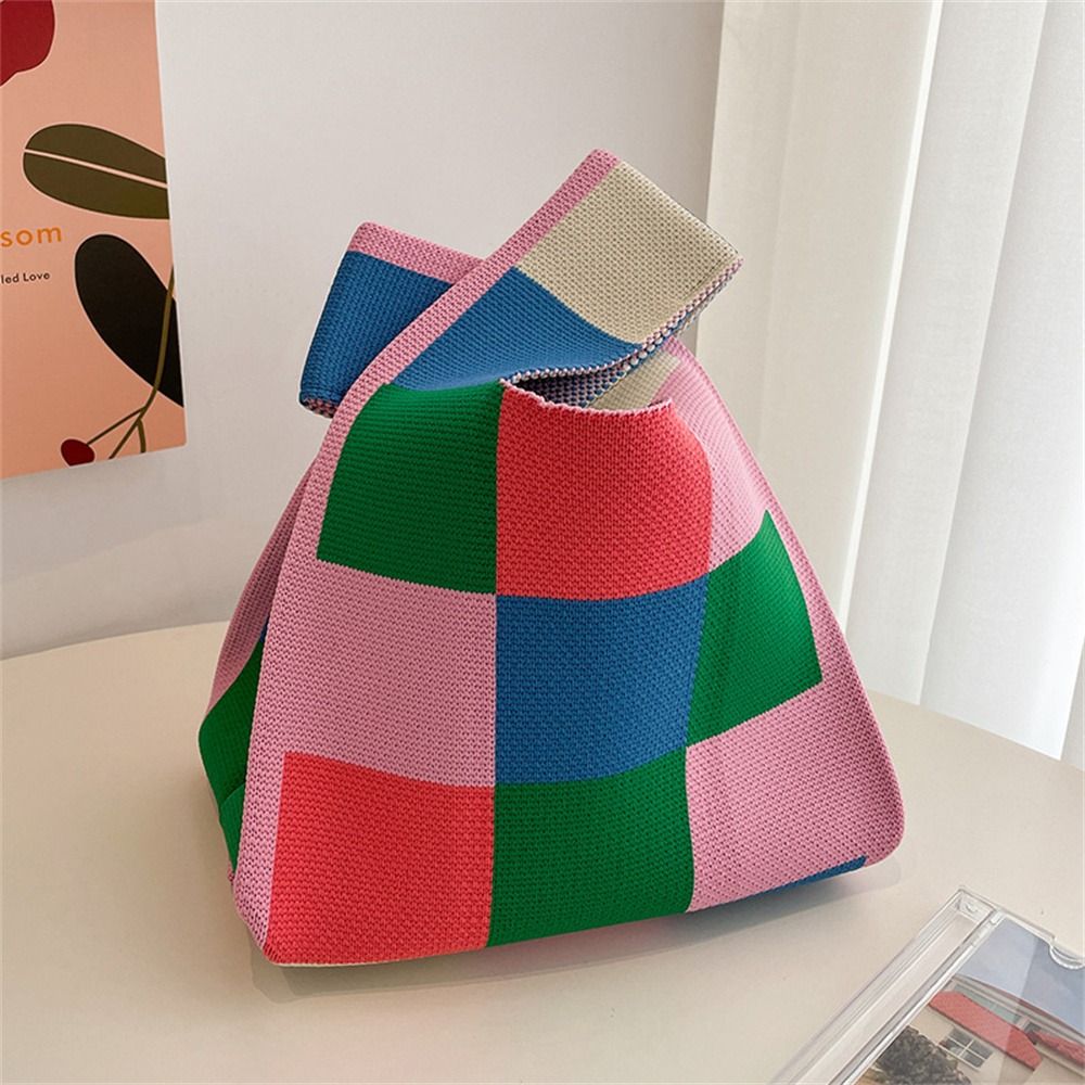 Sweet Lunch Bag Patchwork Cosmetic Bag Large Capacity Girls Storage Bags Knitted Handbag Mini Knot Wrist Bag Colorful Grid Tote Bag Women Shoulder Bag