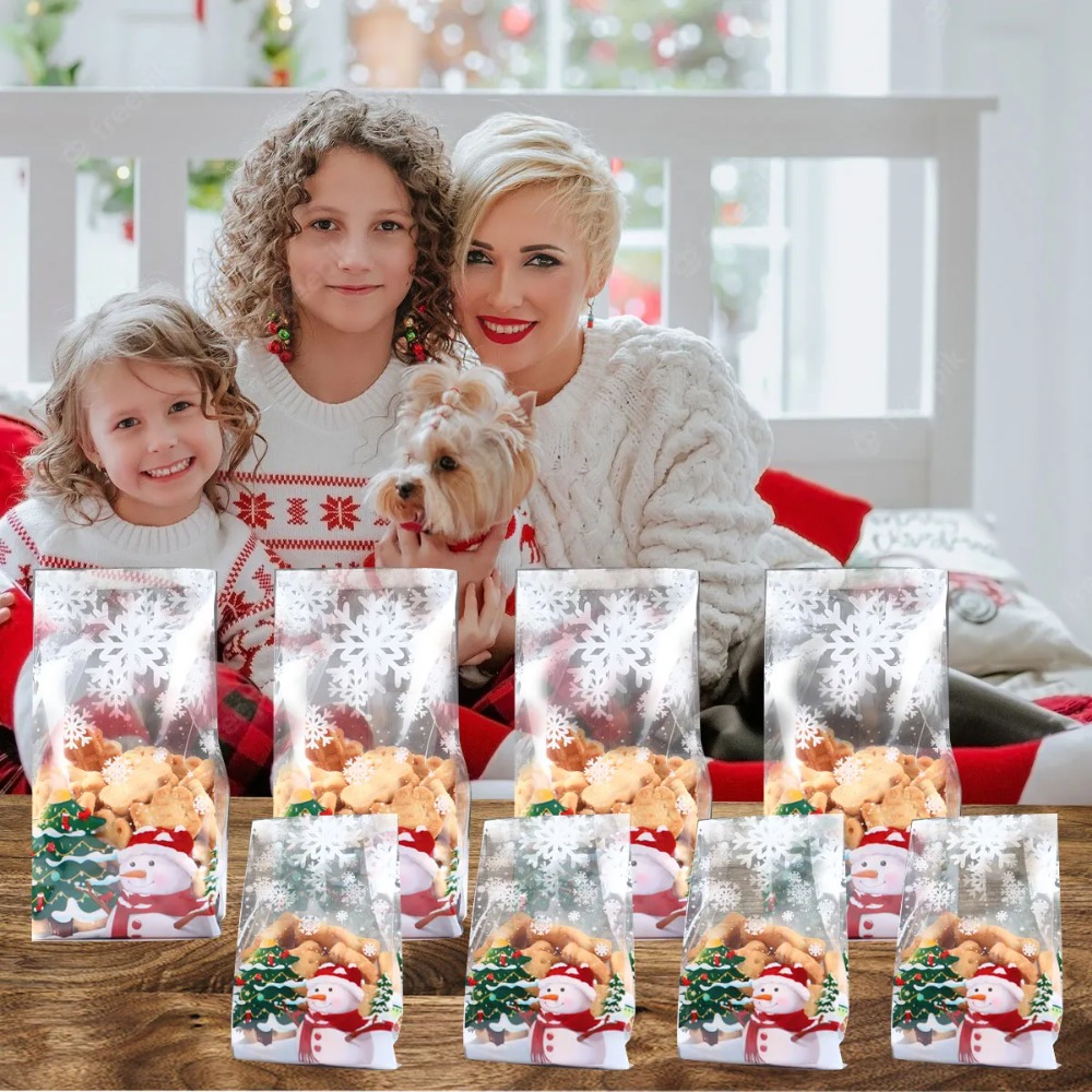 50/100Pcs Cute Plastic Christmas Snowman Cookie Bags Snowman Snowflake Pattern Thickened Candy Packaging Bags Transparent Baking Packaging Bags Winter