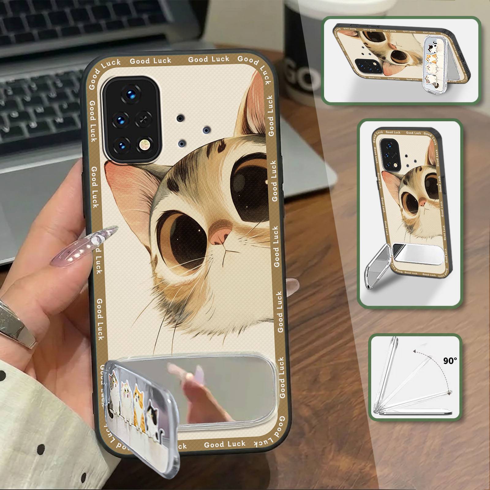 Kickstand Makeup Mirror Phone Case For iPhone 11/ip11 Cute Phone Pouch Durable Back Cover Cloth Patch Plush Mirror 3D