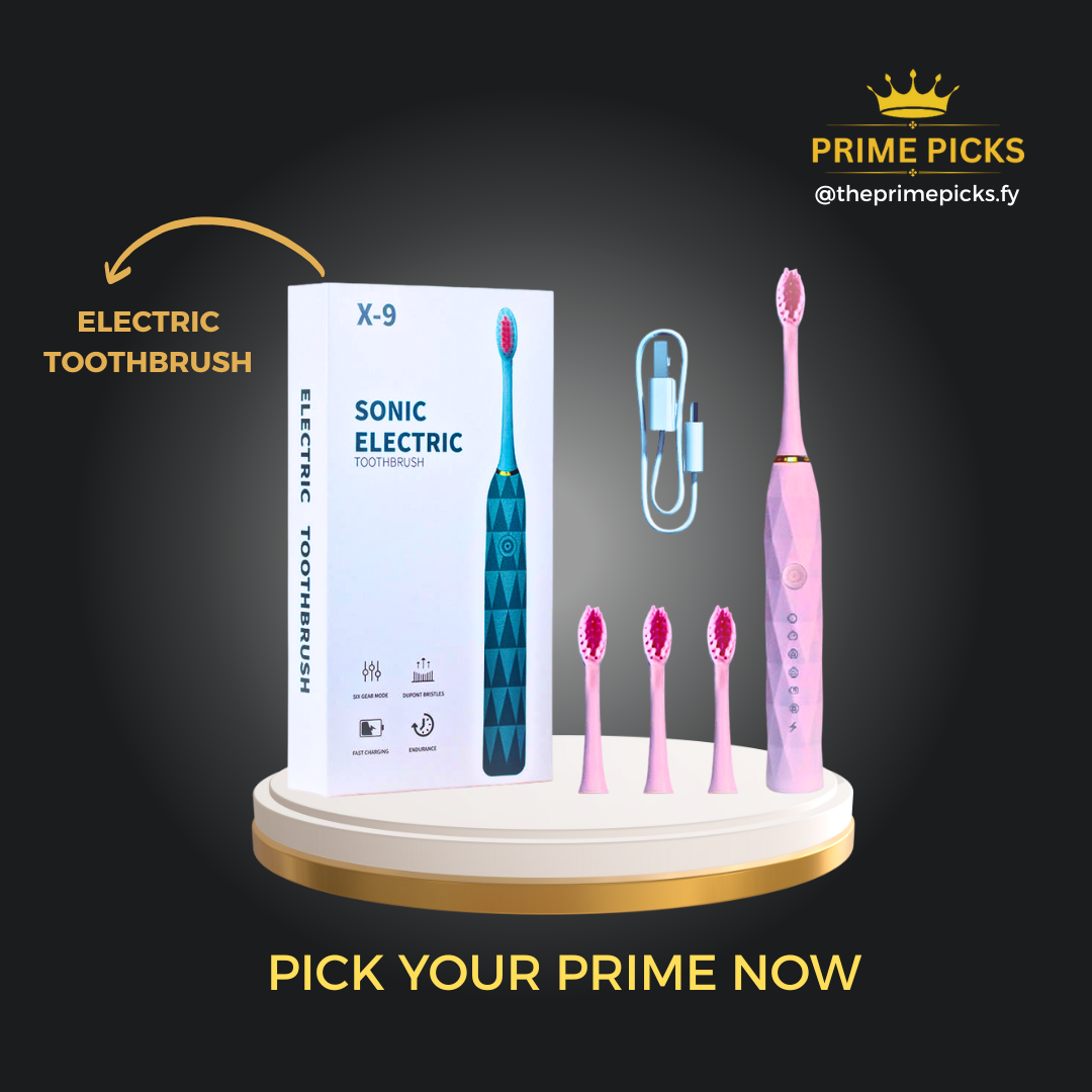 Prime Picks Premium X-9 Sonic Electric Toothbrush with 4 Replacement Brush Head | IPX7 Waterproof Rechargeable Electric Brush | 6 Cleaning Modes | Teeth Whitening & Deep Dental Cleaning | Long Battery Life Electric Tooth Brush