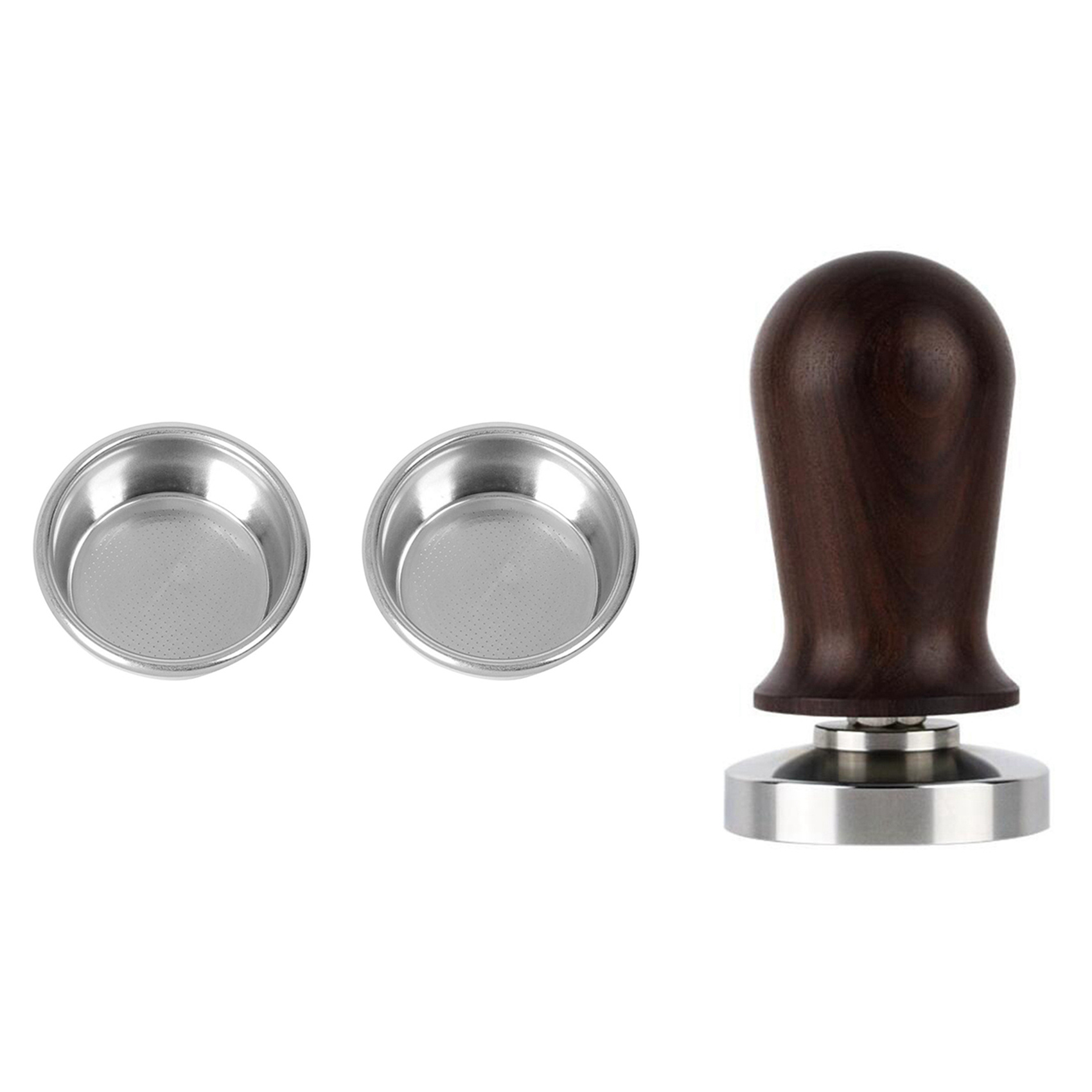 QUANBU 2 Pcs 54Mm Filter Basket Coffee Machine Bottomless Handle Filter & 1 Pcs 53Mm Wood Handle Coffee Press Tamper