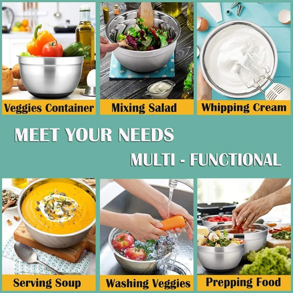 New Stainless Steel Mixing Bowls With Lids Baking Nesting Storage Bowls Non Slip Bases Silicone Bottom Egg Mixing Bowl