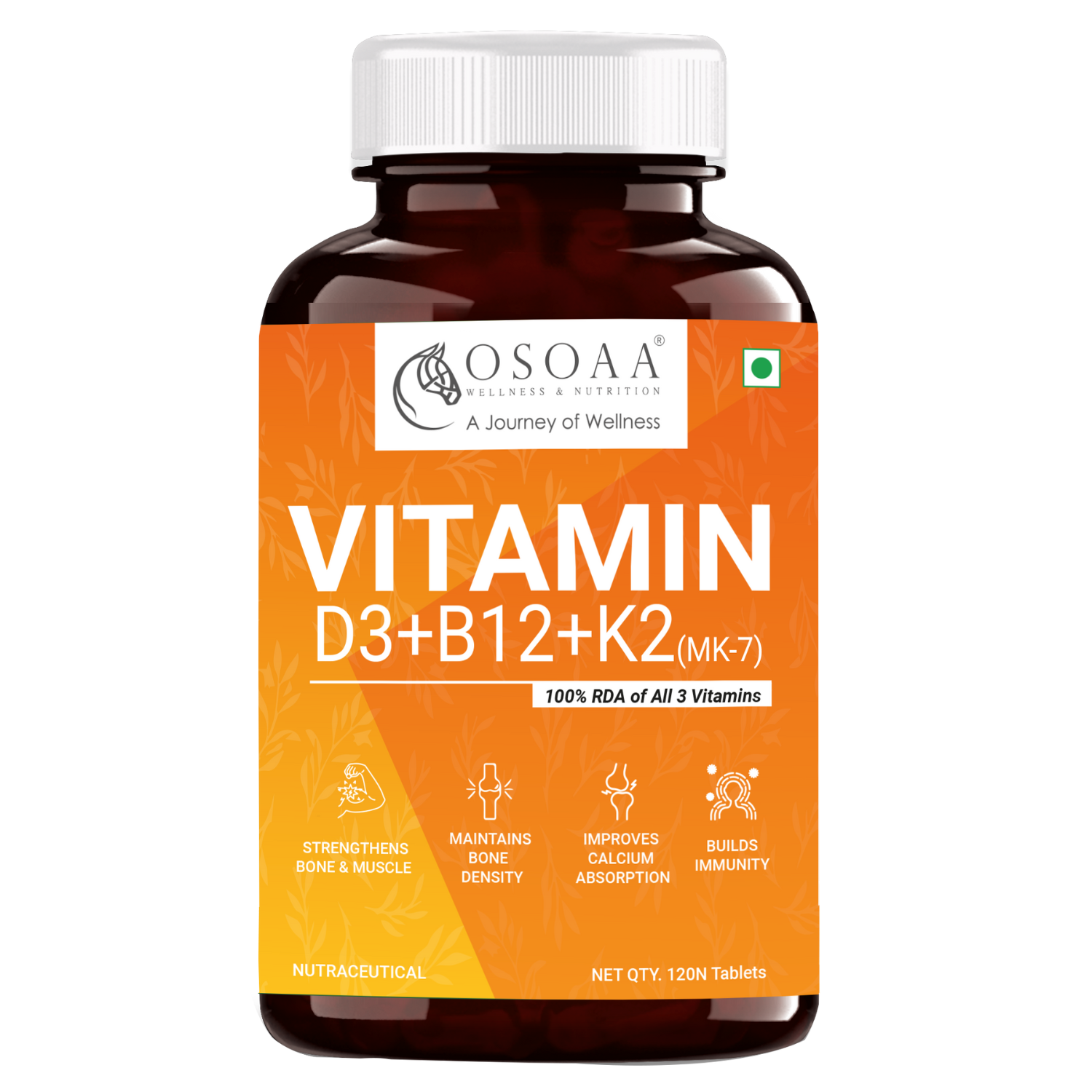 Osoaa Vitamin D3+K2+B12 for Men and Women, Plant based Lichen Vitamin D3, 120 tablets (120 Tablets)