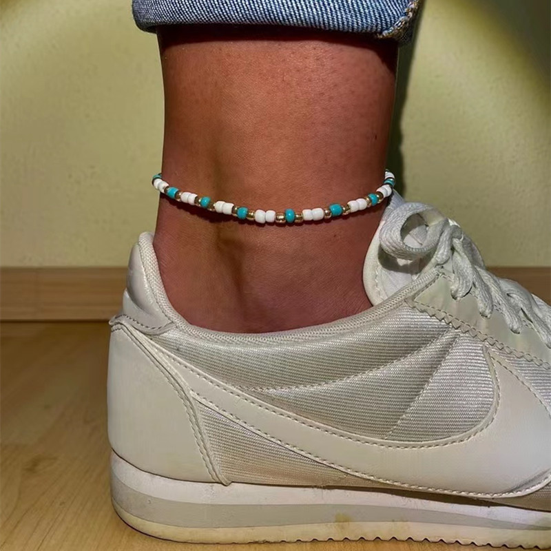 【New Arrivals】European and American Hot-selling Jewelry Simple Elegant All-match Blue and Platinum Rice Bead Footpiece Mixed Color Matching Black and Platinum Footpiece