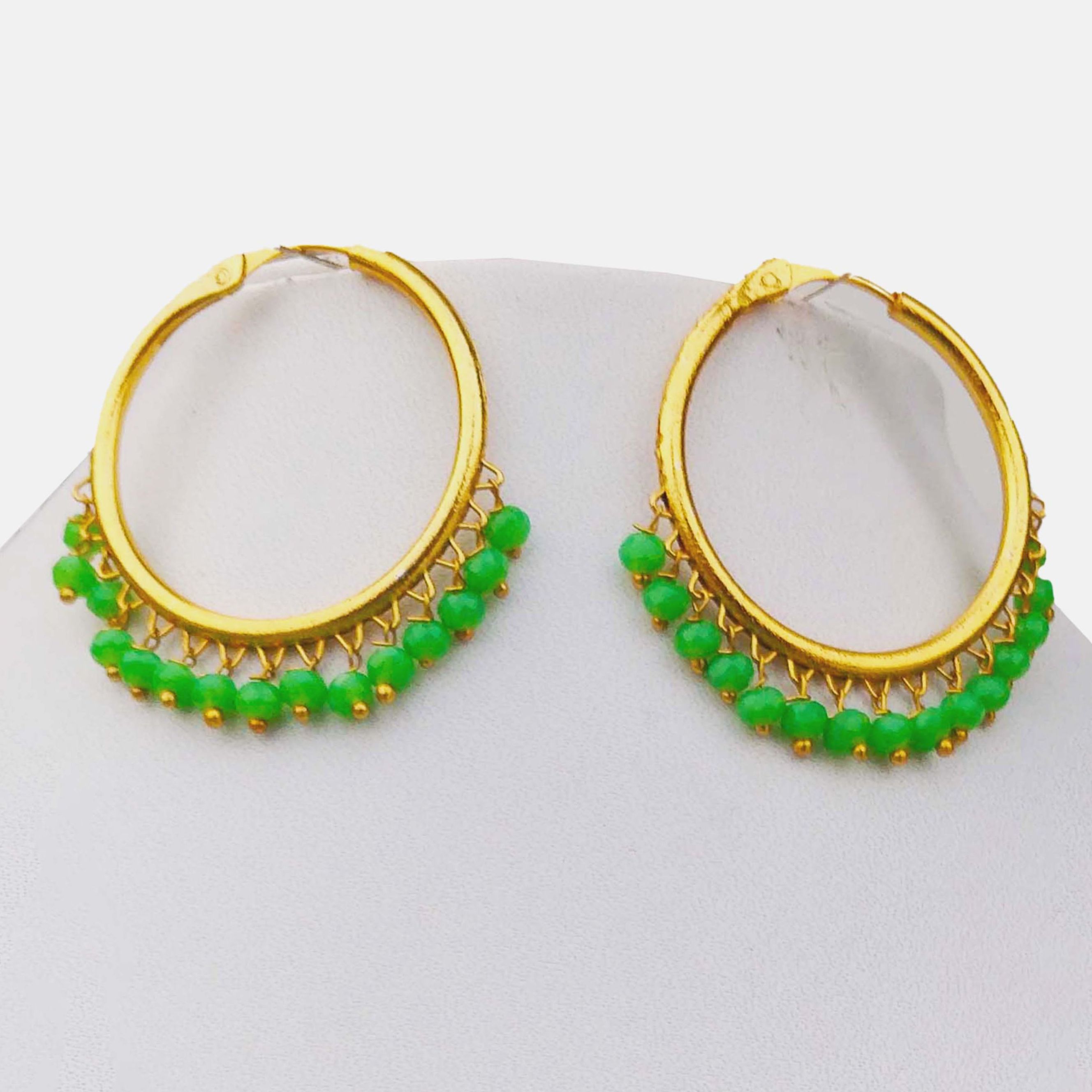 Gold Plated Juli Design Hydro Beads Hoop Earring For Women| Hoop Juli Hoop Earring Hydro Earring Green Color Earring Parrot Color Earring Soft Green Color Earring Fancy Earring Gold Polished Hoop Earring Big Size Hoop Juli Design Round Hoop Earring Design