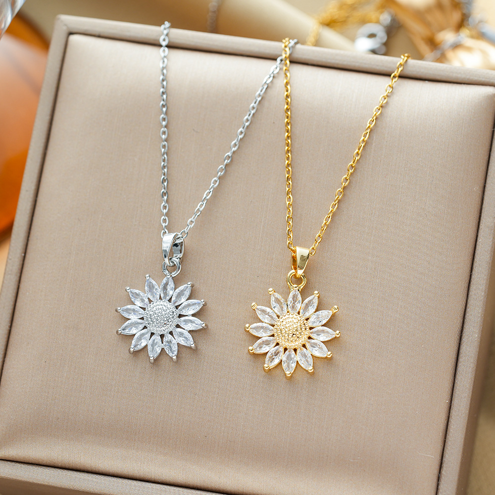 【New arrival】Titanium steel necklace female sunflower zircon flower niche light luxury design pendant temperament clavicle chain jewelry