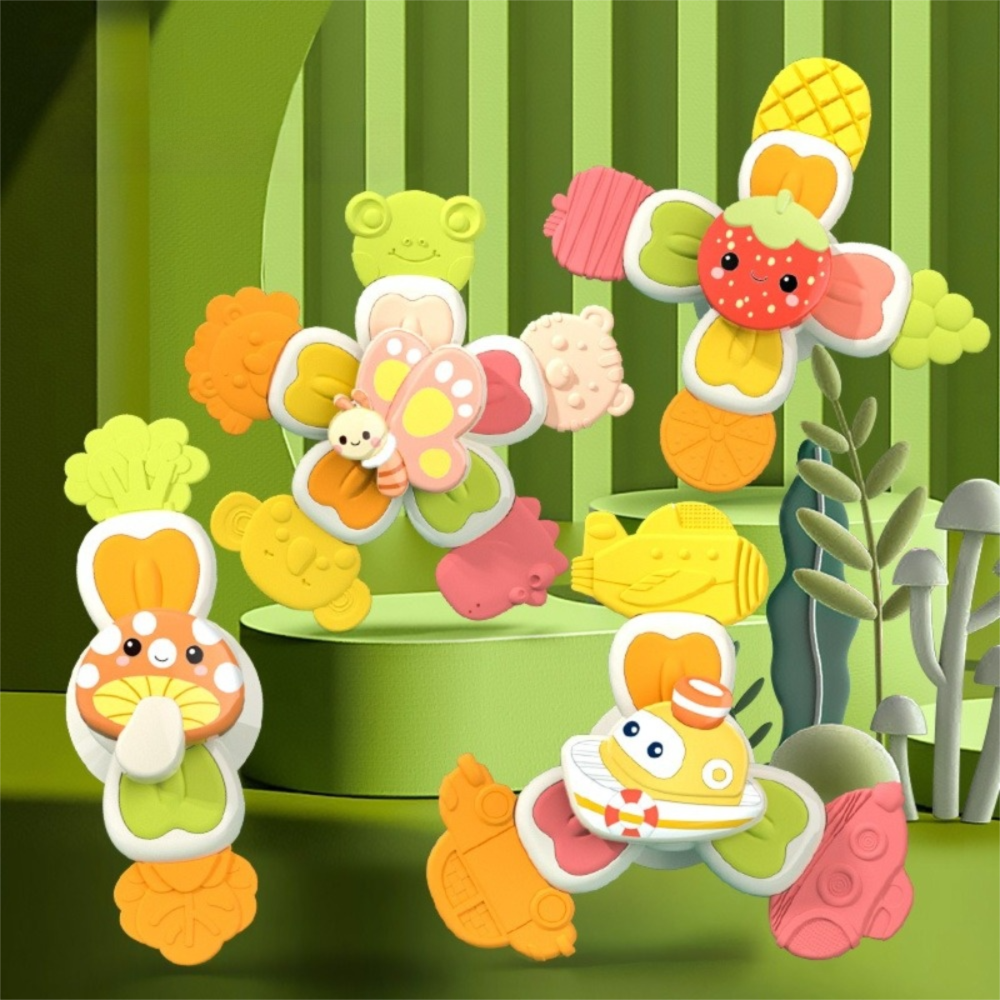 4Pcs High Quality Cute Cartoon Baby Spinning Toy Interesting Portable Finger Spinning Top with Suction Cup Bathing Toy Kid