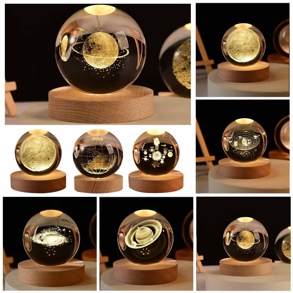 3D Galaxy Crystal Ball lamp Night Light With Wooden Base Moon, Saturn, Galaxy, Lady , Solar system