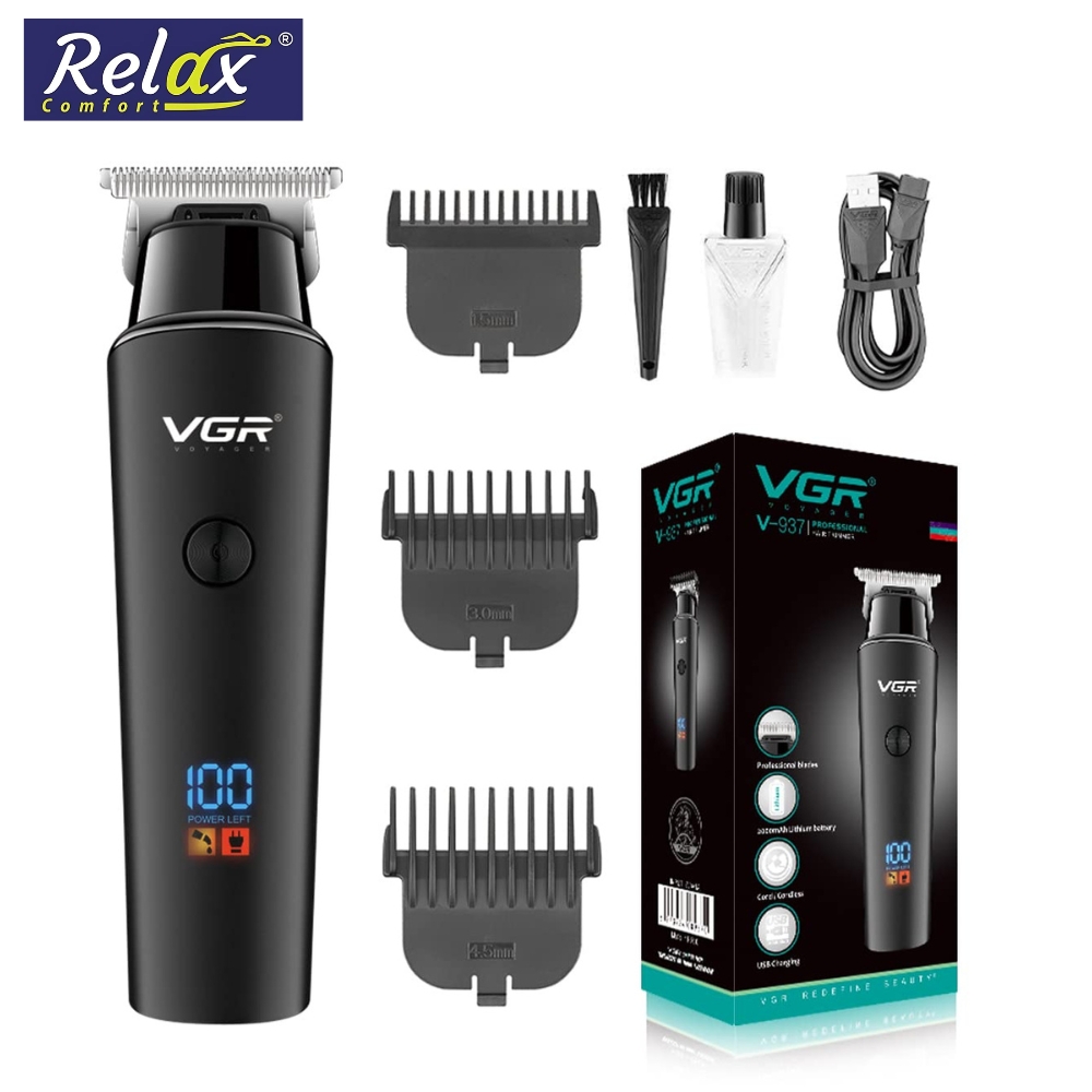 VGR V-937 Professional Hair Trimmer for Men | Cordless Rechargeable Hair Clipper | 500 Min Runtime | USB Type-C Charging | Stainless Steel Blades | LED Display | Beard & Hair Grooming Machine | Barber Use | Original | Relax Home Solutions | Relax Comforts