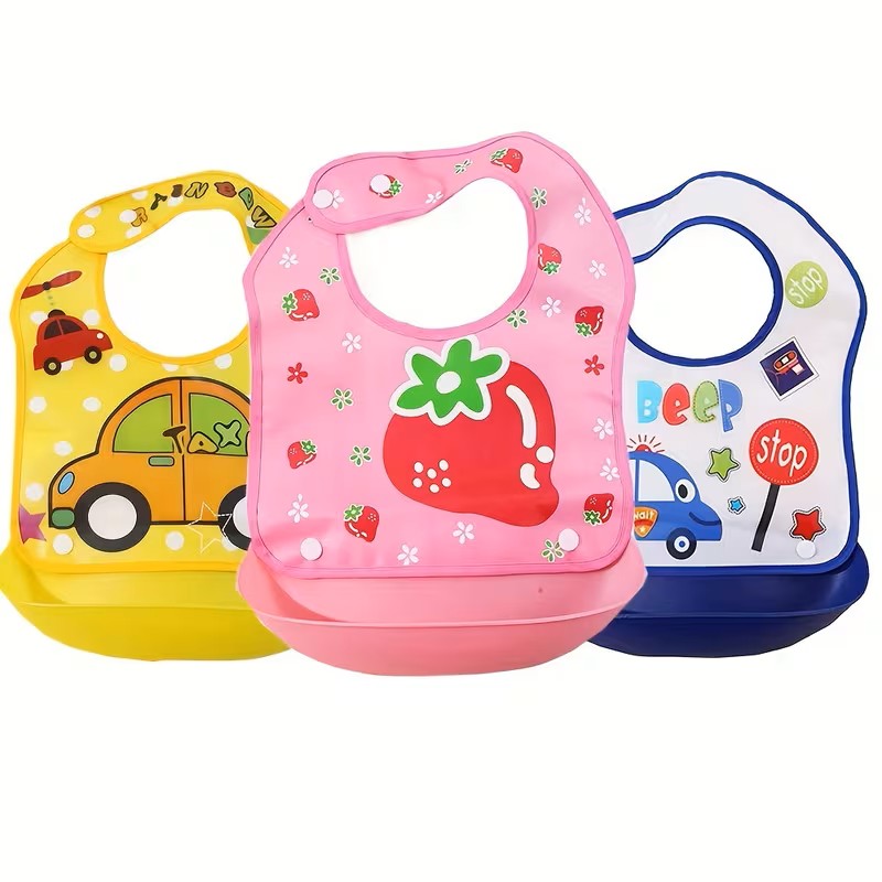 2 Pcs Waterproof Silicone Baby Bib Set - Adjustable Soft Feeding Bibs with Large Crumb Catcher Pocket for Infants & Toddlers