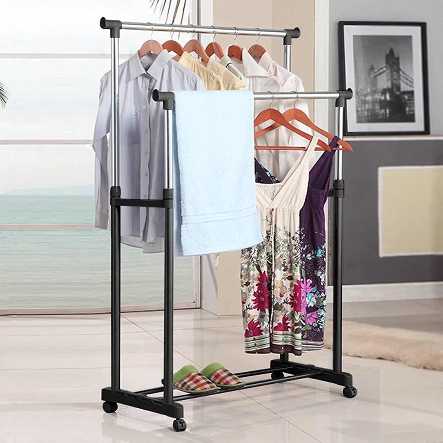 Stainless Steel Double Pole Portable Clothes Rack Foldable Garments Hanging Stand Adjustable Laundry Drying Rack Hanger, Storage Rack with Wheels