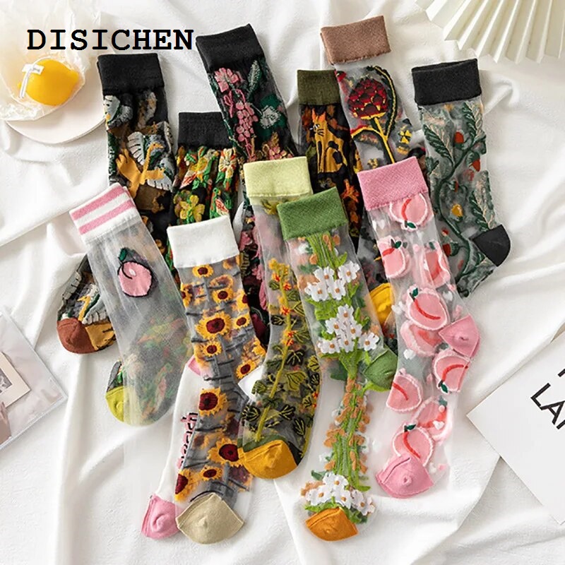 DISICHEN Bargain price Summer Fashion Flowers Fruits Animal Thin Mesh Tulle Ankle Crystal Silk Socks Transparent Mesh Retro Cute Fishnet Women Cool