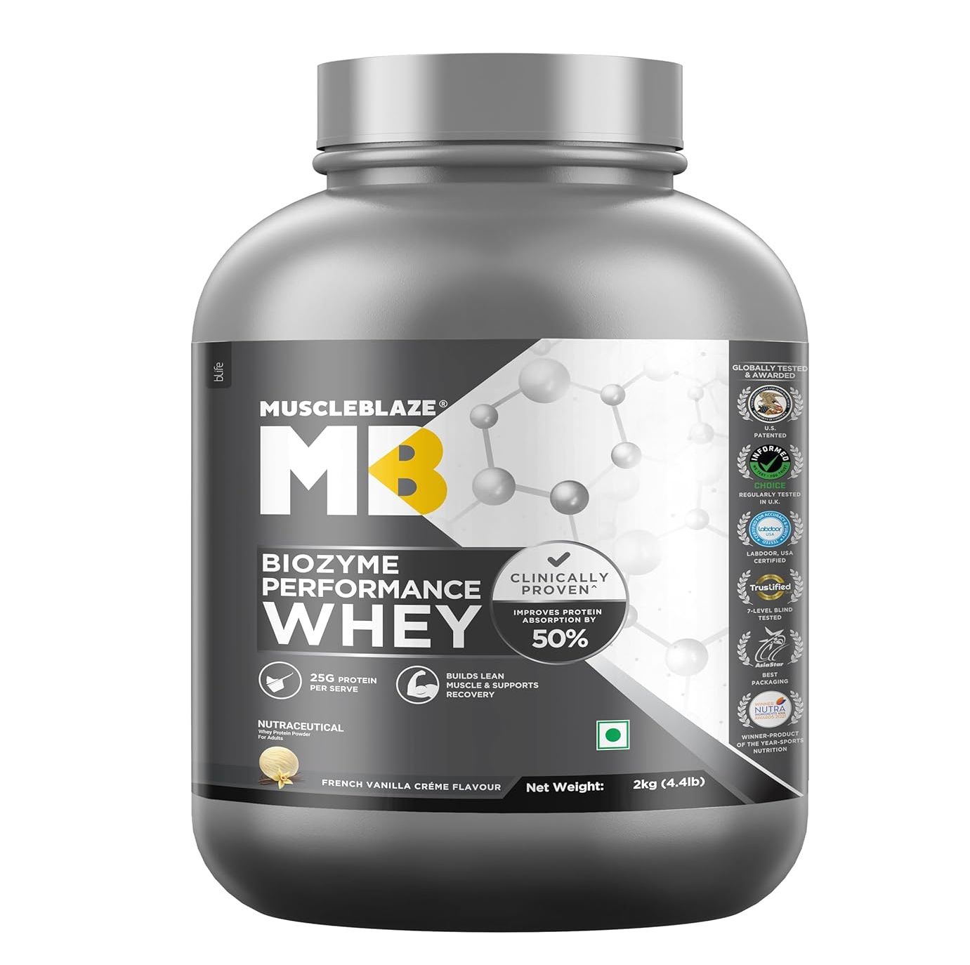 MuscleBlaze Biozyme Performance Whey Protein 2kg Vanilla Créme Flavor Clinically Tested 50% Higher Protein Absorption Informed Choice UK & Labdoor USA Certified