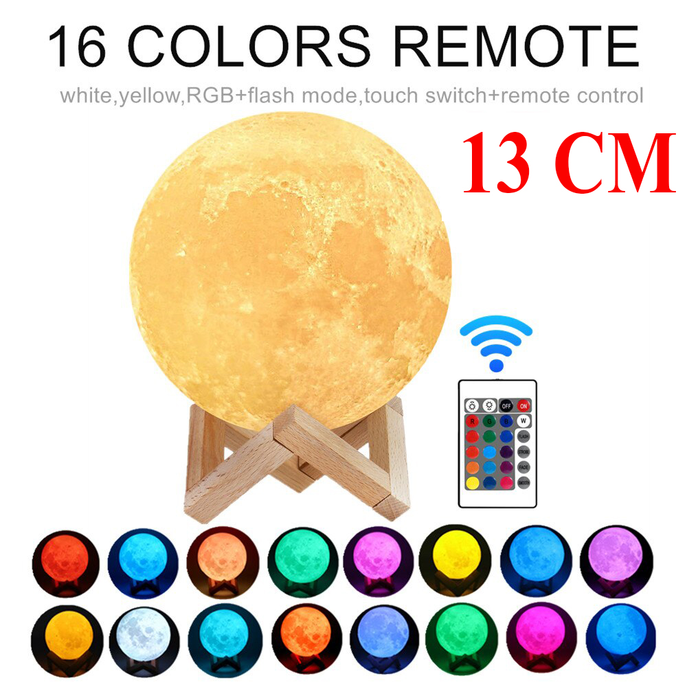 13 Cm Color Changing Household 3D Moon Lamp USB Night Light Touch Dimming With Wooden Base(With Remote)