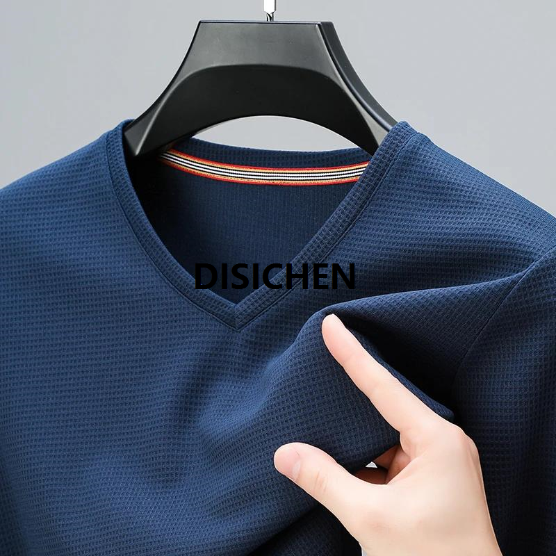 DISICHEN 2024 Men's New Waffle V Neck Short Sleeved T-shirt Comfortable Top 2025 New