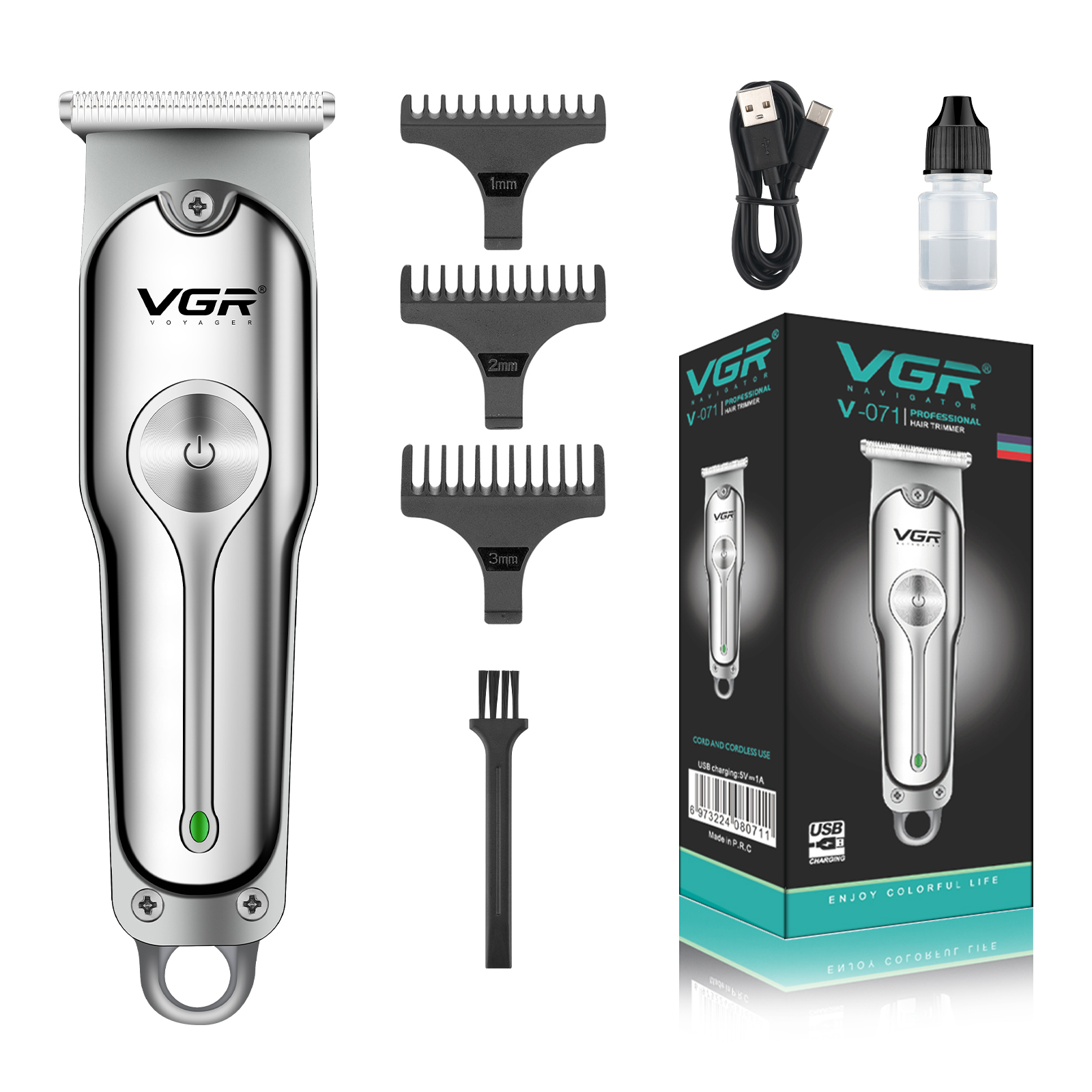 VGR V-071 Cordless Professional Hair Clipper for Men - 120 Min Runtime, Silver Trimmer with 3 Guide Combs, Battery Powered