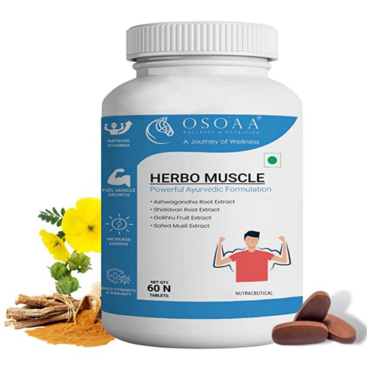 OSOAA Herbo Muscle - 100% Herbal Mass & Muscle Gainer, 60 Tablets, With Improved Energy Level, Performance, Tissue Repair, Pure And Natural, No Side Effects