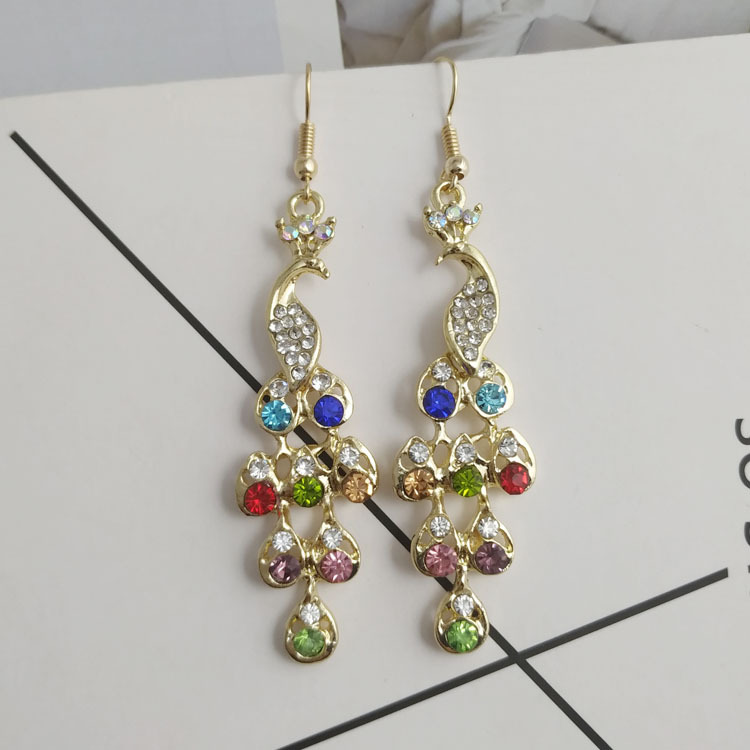 【New Arrivals】Bohemian style earring accessories women's retro multicolor colored diamond peacock earrings goods