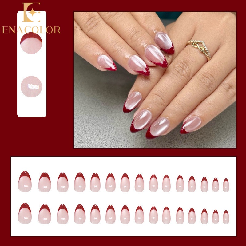 Enacolor 24Pcs Retro Red Simple Opal Fake Nails with Glue DIY Art Design False Nails Wearable Nails Stylish Pattern Artificial Nails