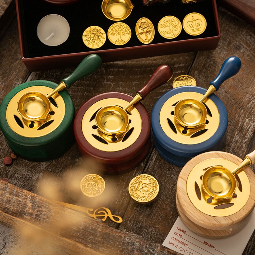 New DIY Wax Melting Furnace Retro Solid Wood Wax Seal Tool Wax Pot with Spoon Wax Bead Rod Heater