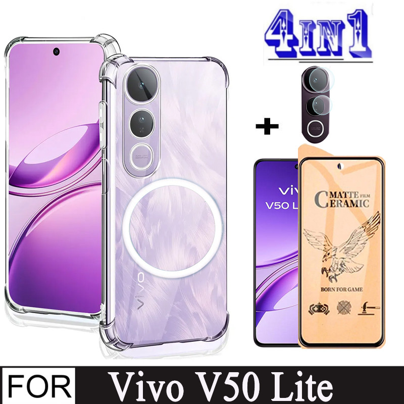 4In1 Vivo V50 Lite Case Magnetic Sticker Shockproof Phone Case for V50Lite V40Lite Soft Ceramic Screen Protective Film
