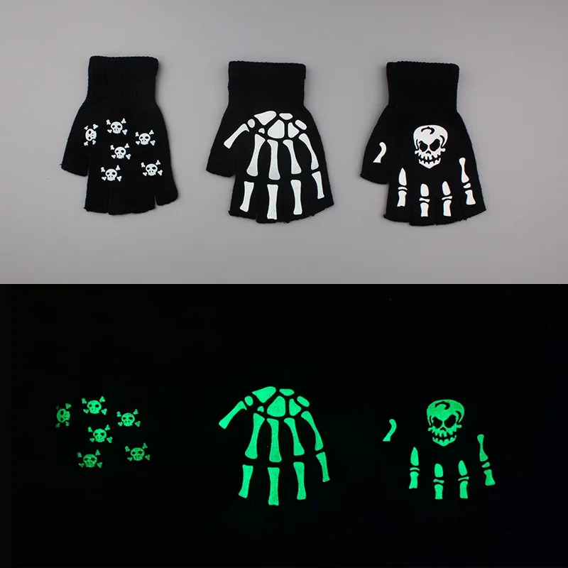 Multi-finger winter night light, half-fingered skull, gloves 2/1 pair of punk style Halloween gloves stretchable knitted gloves