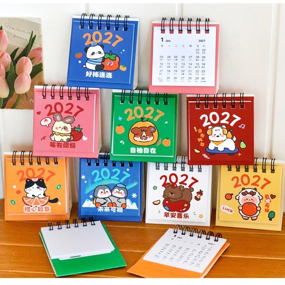 New Mini 2027 Desk Calendar Double Coil Schedule Mark Monthly Planner Cartoon Spiral Desk Calendar for Home&Office