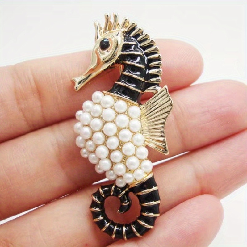 Retro Style Hippocampus Black Rhinestone Crystal Animal Seahorse Brooch Pin Luxury Designer Office Casual Brooch Pins Gifts