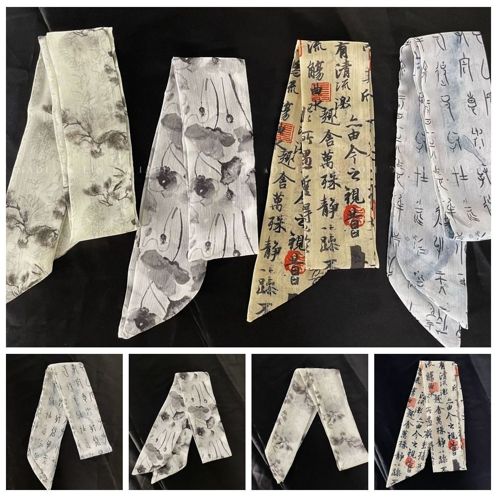 Retro Chinese Style Silk Scarf Ribbon Headband Pink Printed Scarf Hair Tie Collocation Clothing Accessories Long Scarf Female