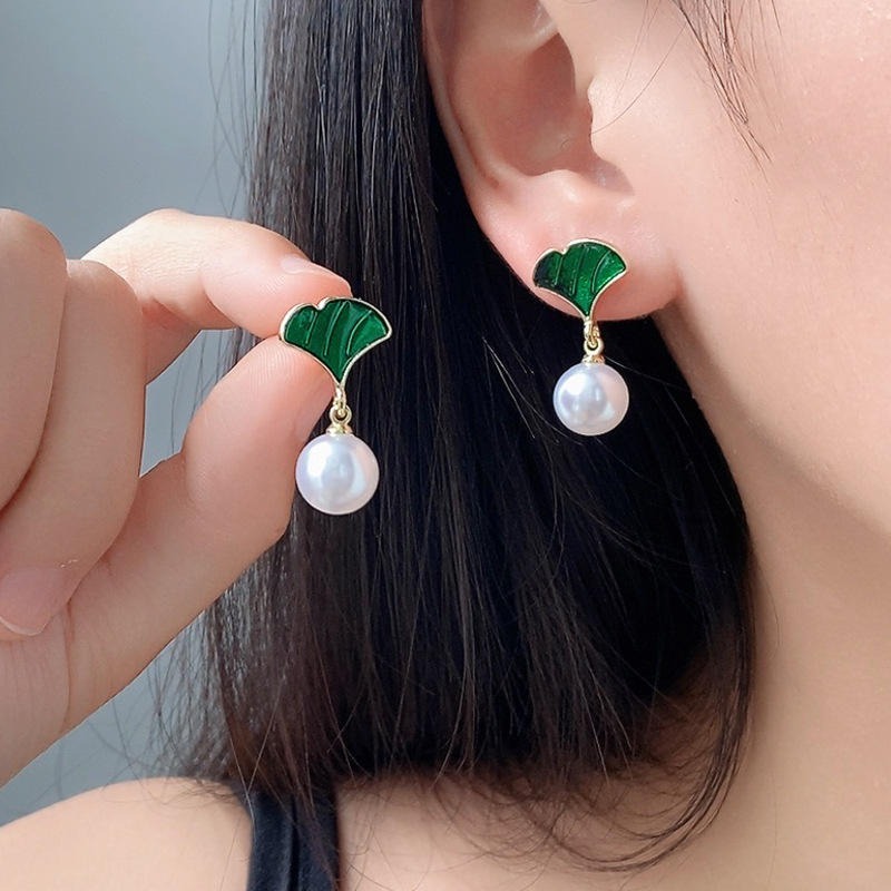Earrings Gold Plated Stylish Fashionable Green Bow Floral Drop White Dangle Korean Earrings for girls