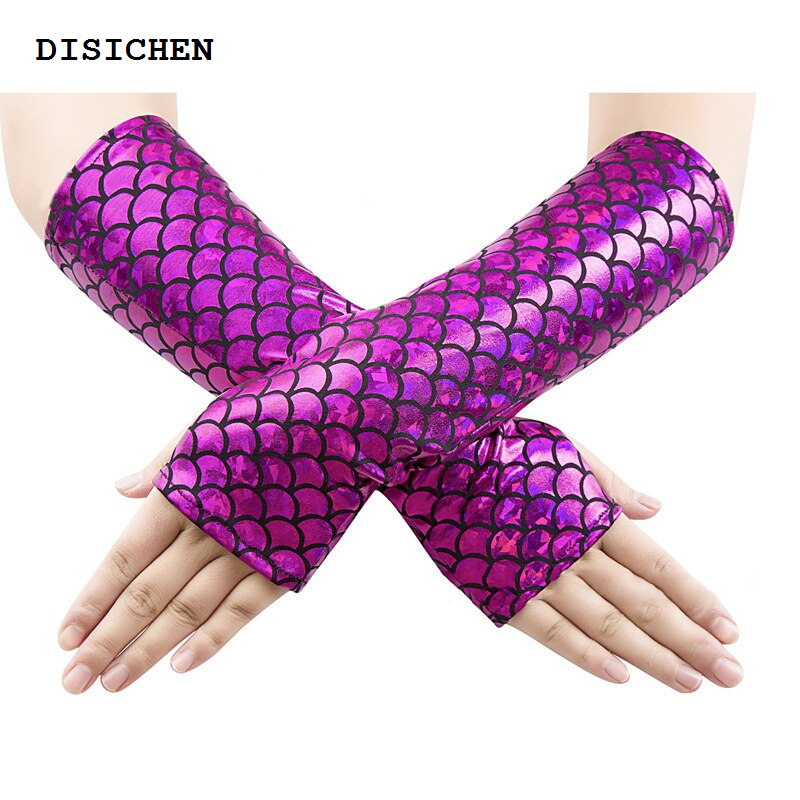 DISICHEN Luxury New specials Fashion Female Cosplay Color Change Mermaid Dress Gloves Halloween Stage Performance Punk Fish Scale Fingerless Mittens S114