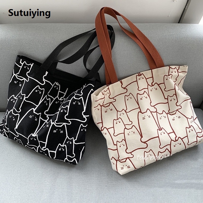 Sutuiying Canvas Handbag For Women 2023 Fashion Cute Cat Tote Messenger Bags New style With Zipper Designer Bag Ladies Cartoon Shoulder Shopper Bags