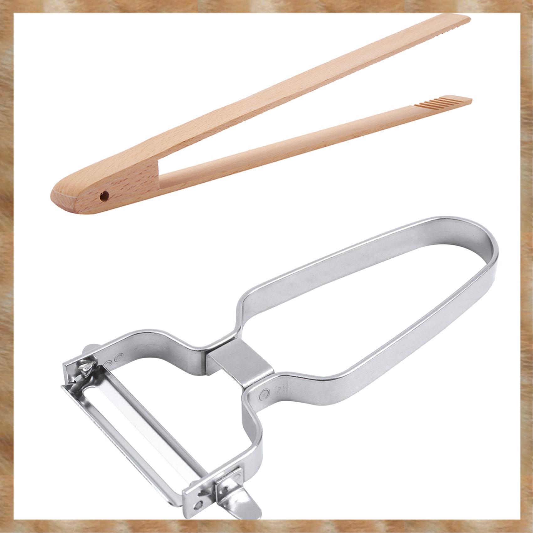 Kqueebee 4 Packs 12 Inch Wood Toaster Tongs Kitchen Tongs & 1x 2 in 1 Fruit and Vegetable Slicer Planer Potato Carrot Grinder