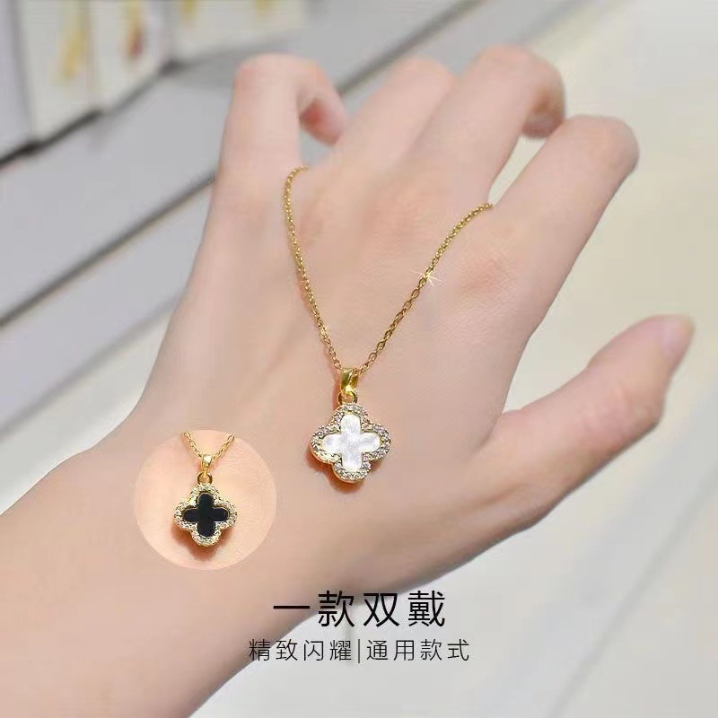 【New arrivals】Full Diamond Four-leaf Clover Necklace Women's Black and White Double-sided Clavicle Chain Gold Chain Women