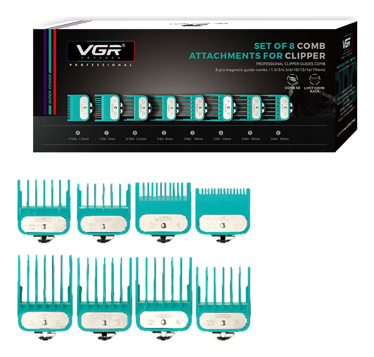 VGR 891 Professional Hair Clipper Attachment Comb Set，8 Pcs Hair Cutting Guide Combs with Limit Comb Rack for Most Hair Clippers，with Metal Clip，from 1.5/3/4.5/6/10/13/16/19mm attachment for Clipper